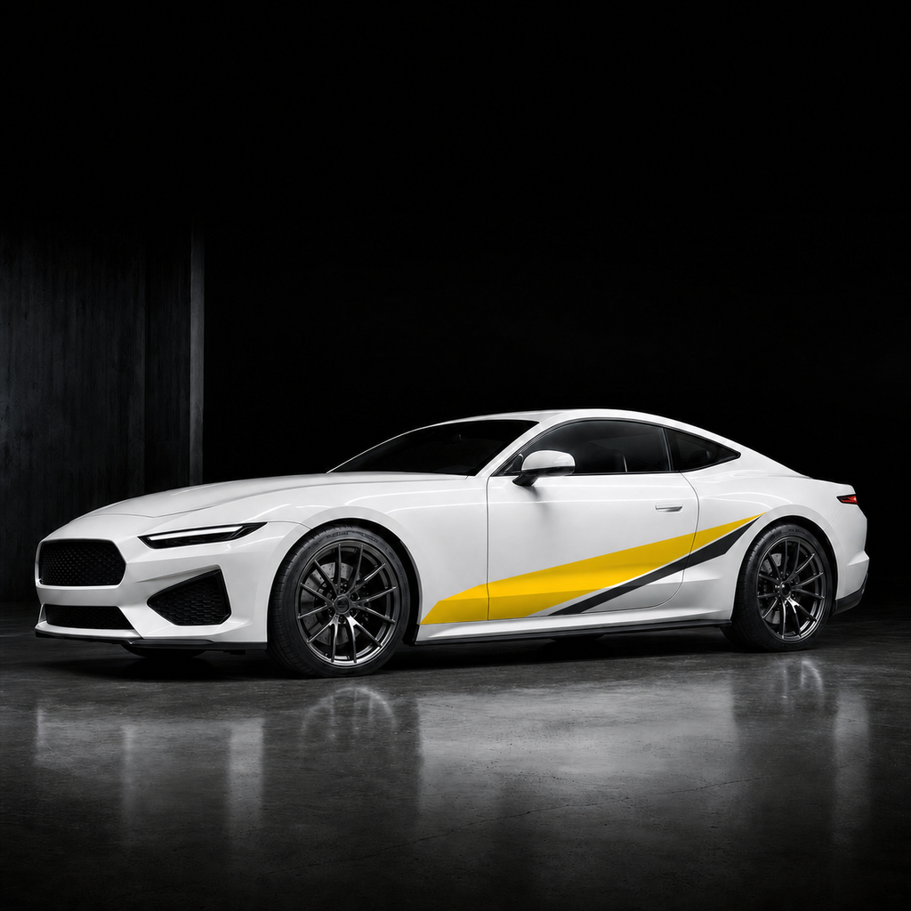 White performance car with a fitted yellow and black side decal