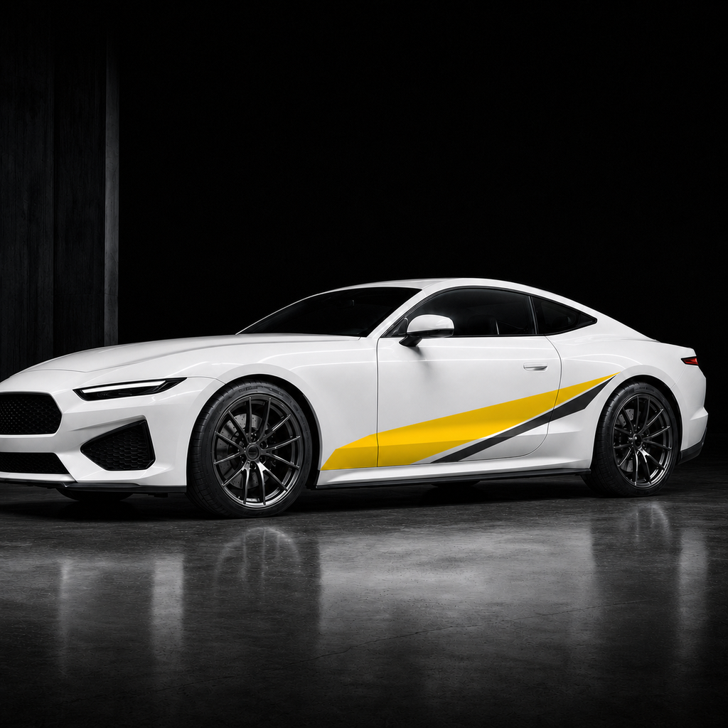 Close-up preview of a fitted yellow and black decal on a white car