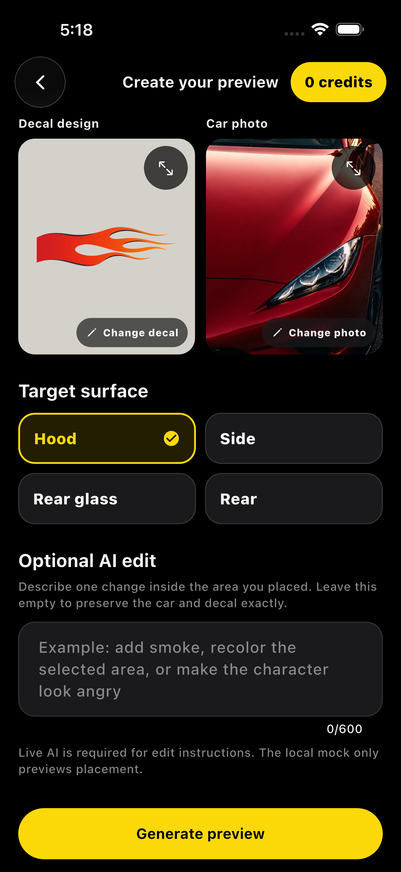 DecalFit screen showing the selected decal, car photo, and target surface buttons