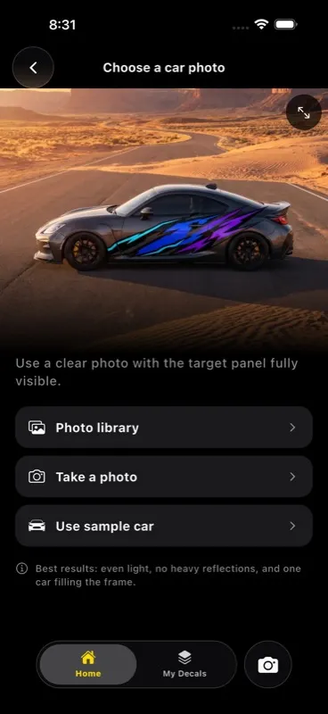 DecalFit screen keeping the selected decal visible while the user chooses a car photo