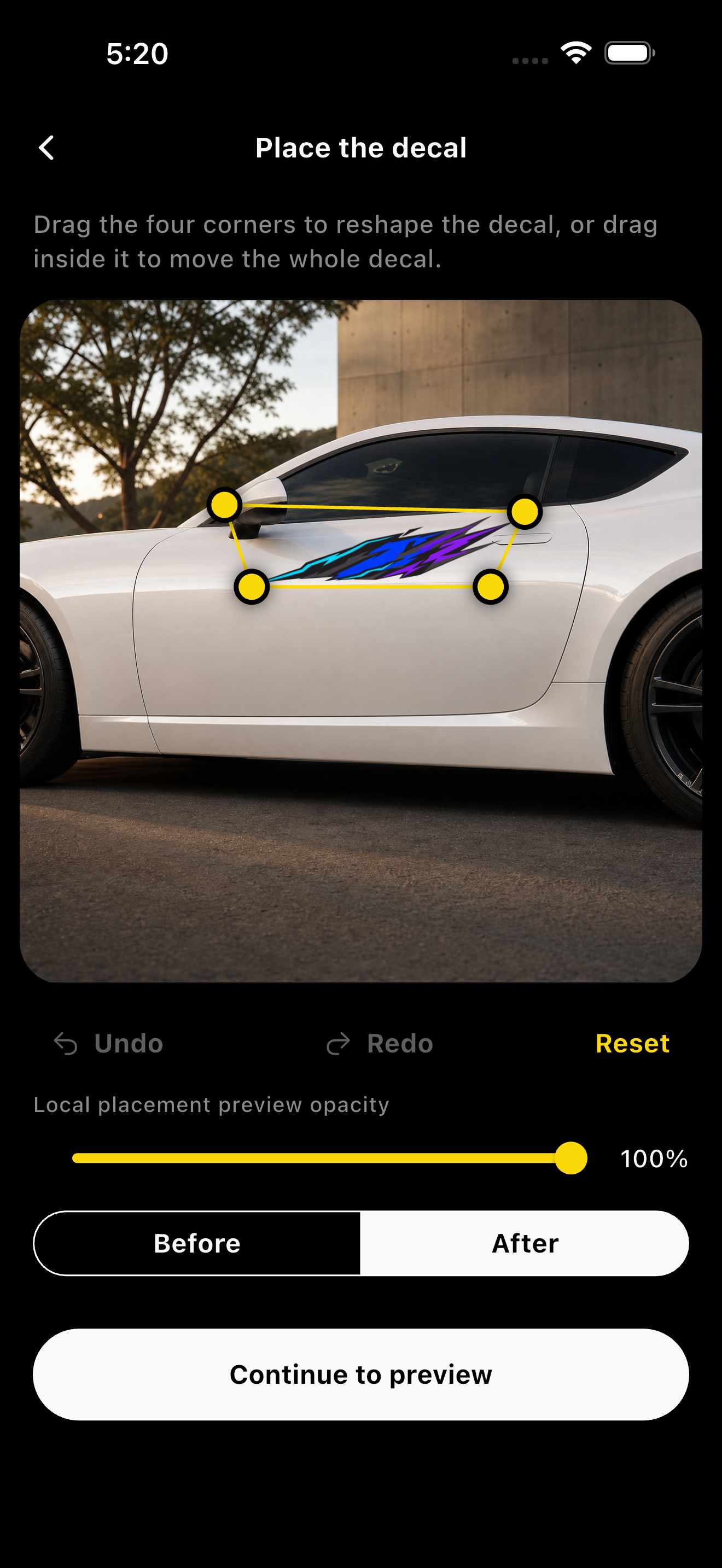 DecalFit placement editor with four adjustable corner points