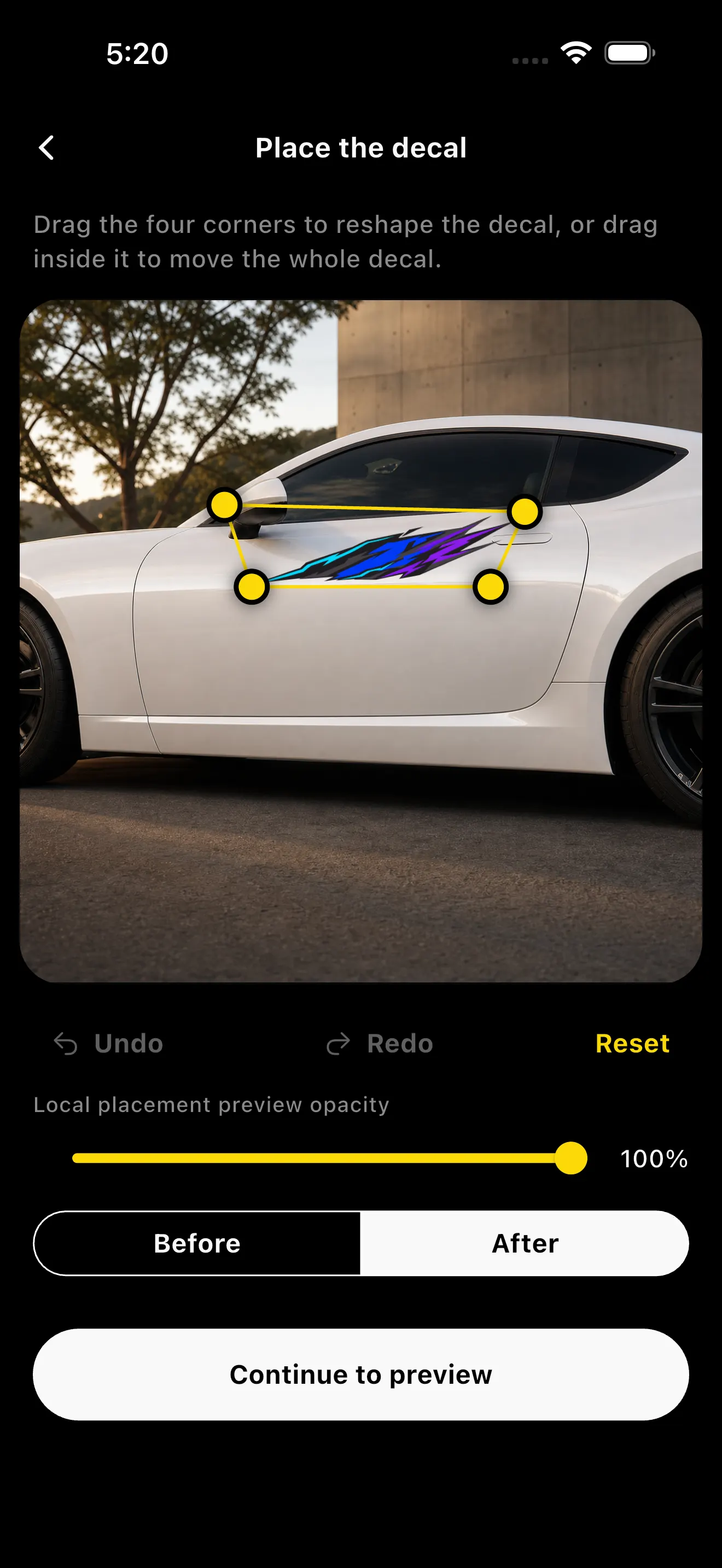 DecalFit placement editor with four adjustable corner points