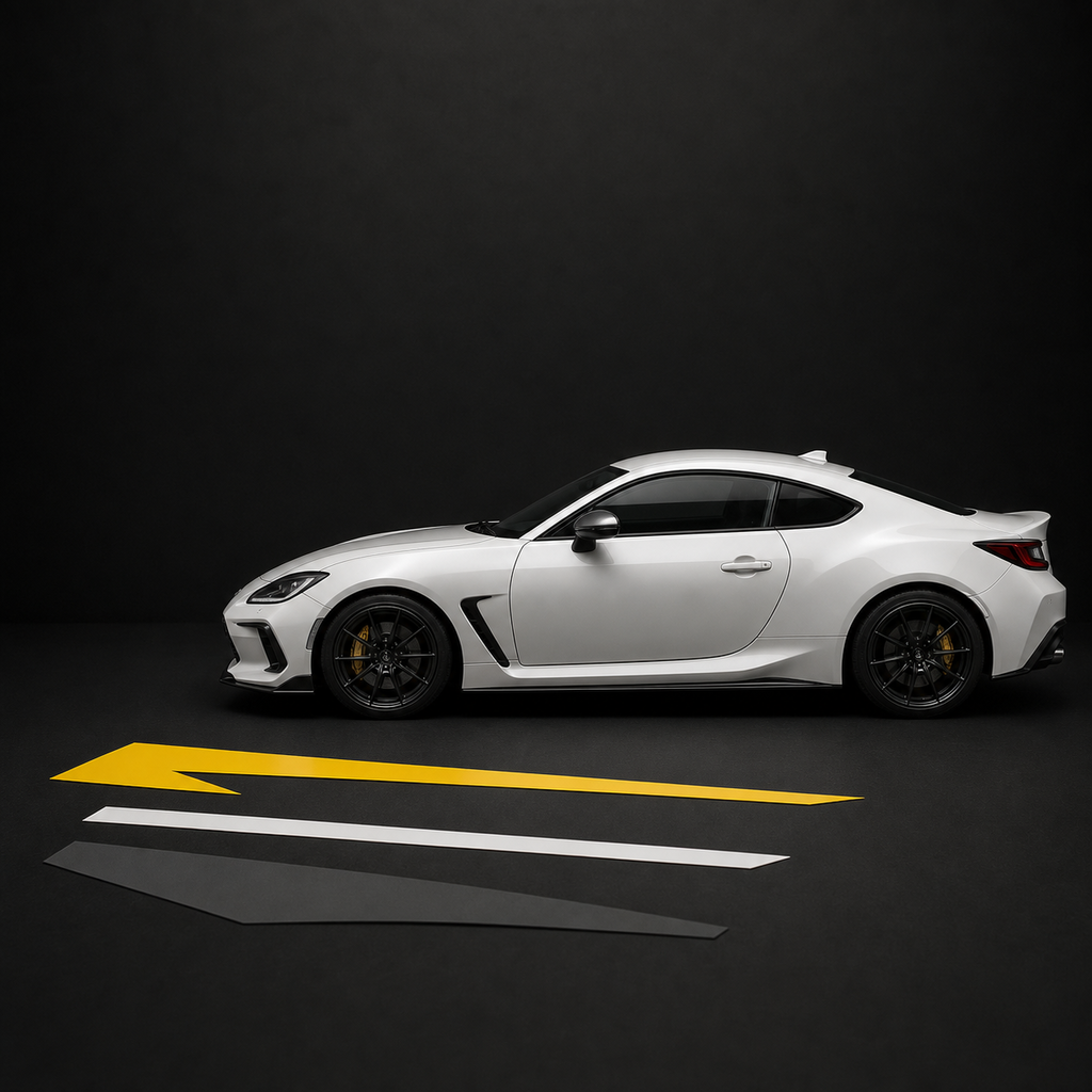 White coupe beside a clean yellow, white, and black decal concept