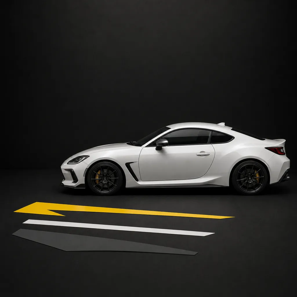 White coupe beside a clean yellow, white, and black decal concept