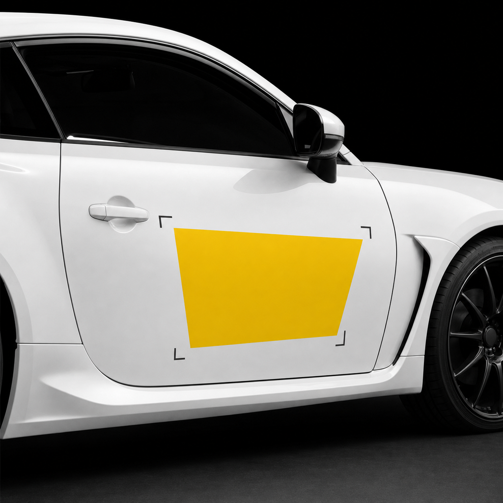 Close-up car door with a four-point placement guide