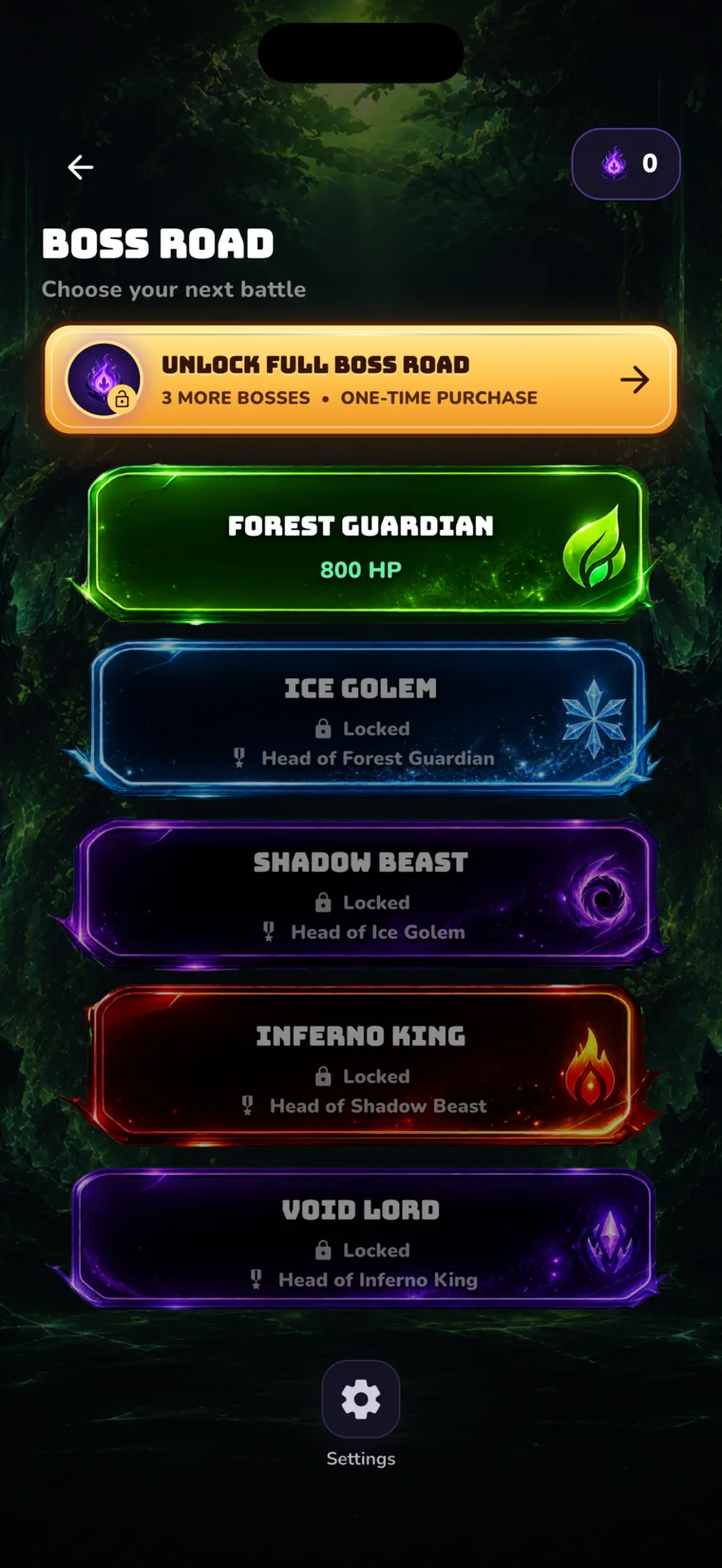 Flash Recall Boss Road listing Forest Guardian, Ice Golem, Shadow Beast, Inferno King, and Void Lord