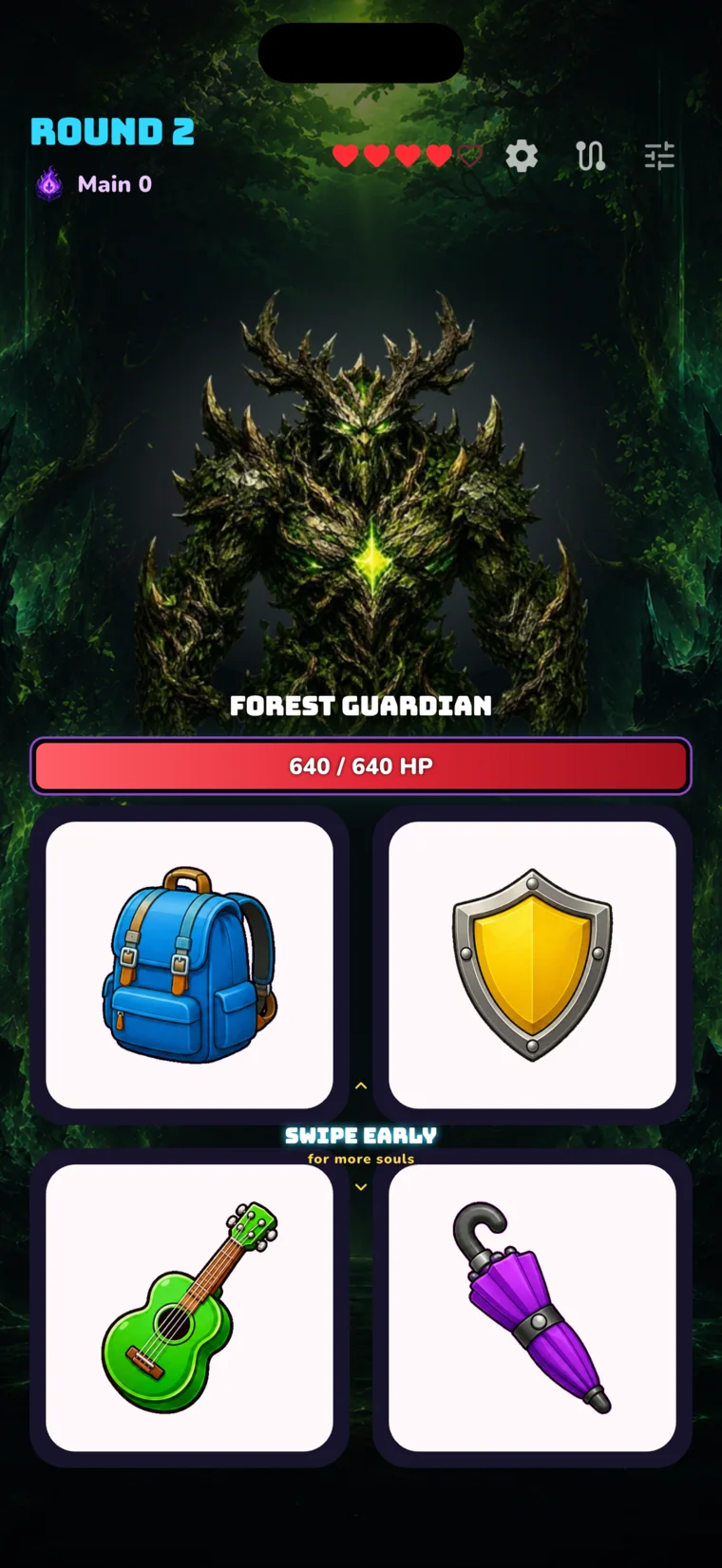 Flash Recall battle screen showing four cards below the Forest Guardian