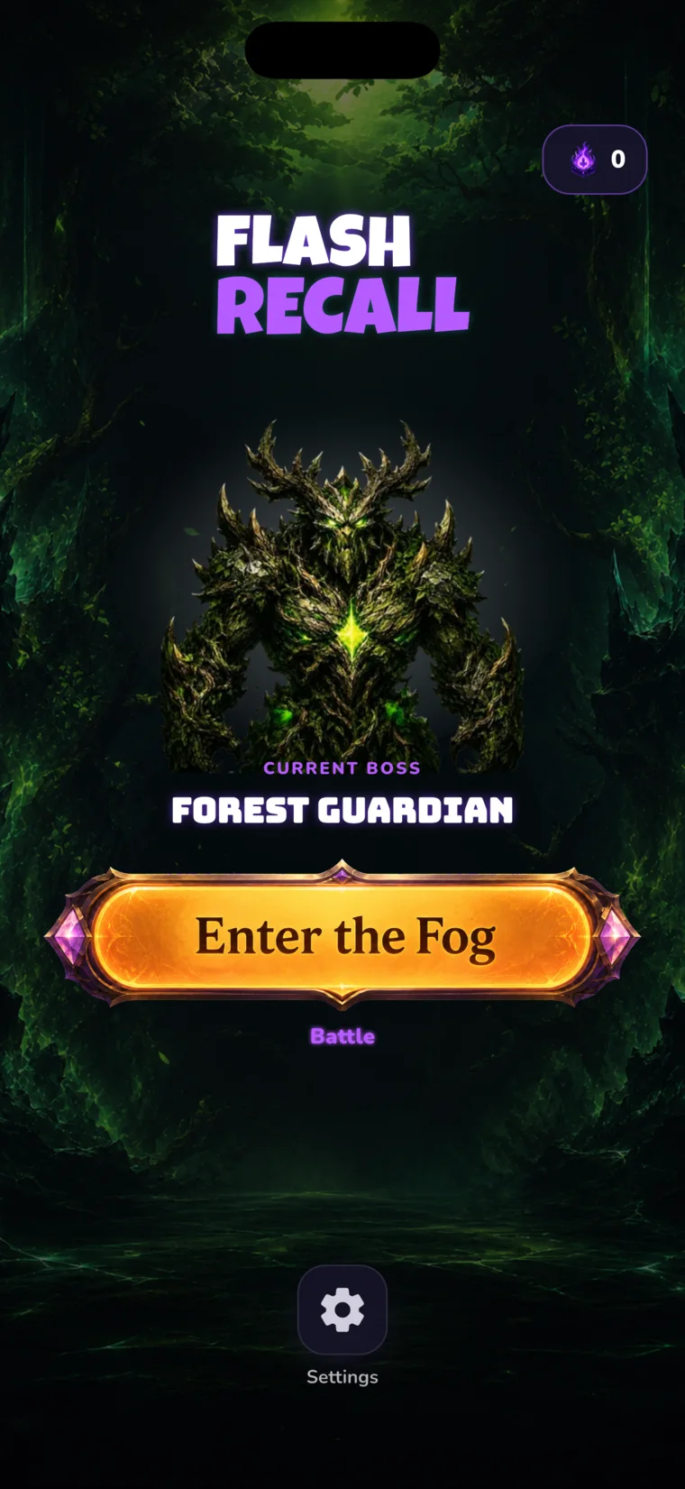 Flash Recall home screen with the Forest Guardian and Enter the Fog button