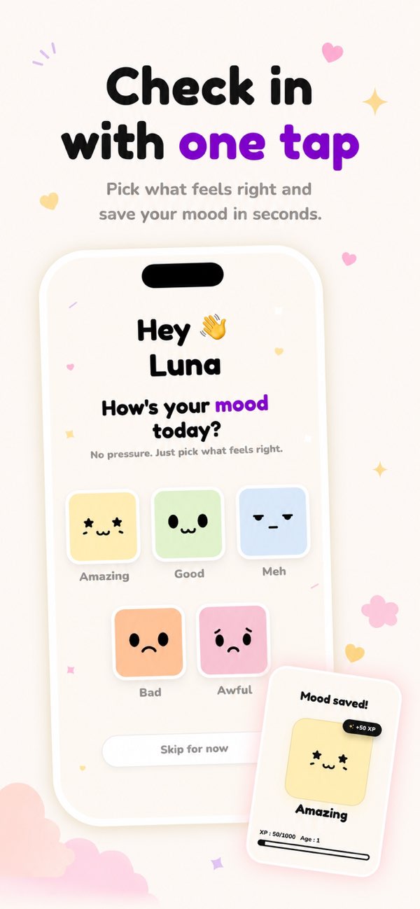 One tap mood check-in screen