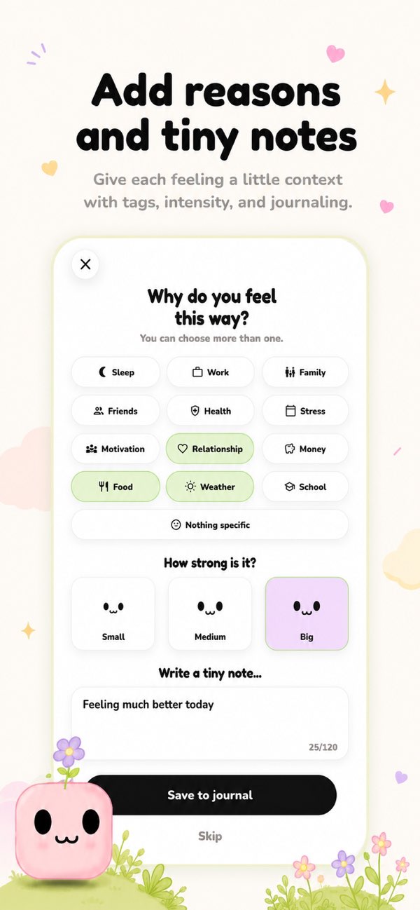 Mood reasons and tiny notes screen