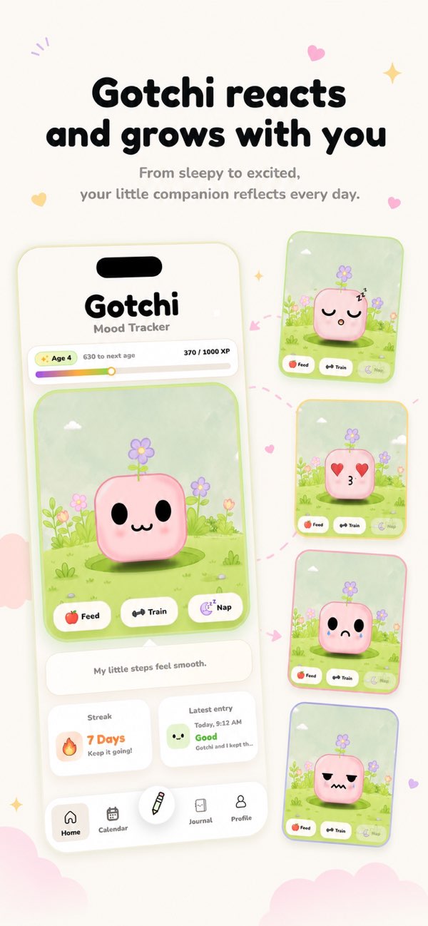 Gotchi grows and reacts screen