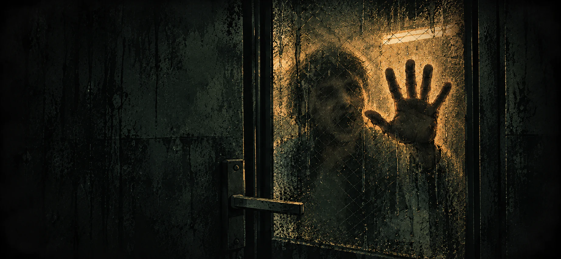 A figure waits behind a rain-covered glass door, lit by a warm light inside.