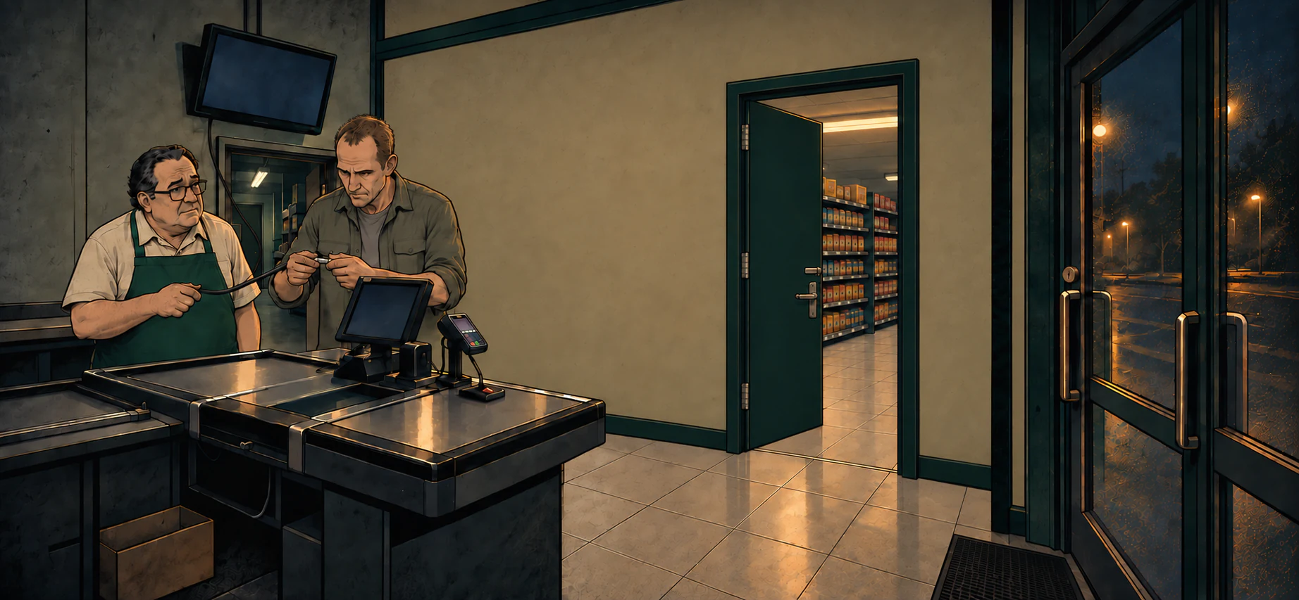 Alex repairs a television cable at the checkout while the supermarket owner watches.