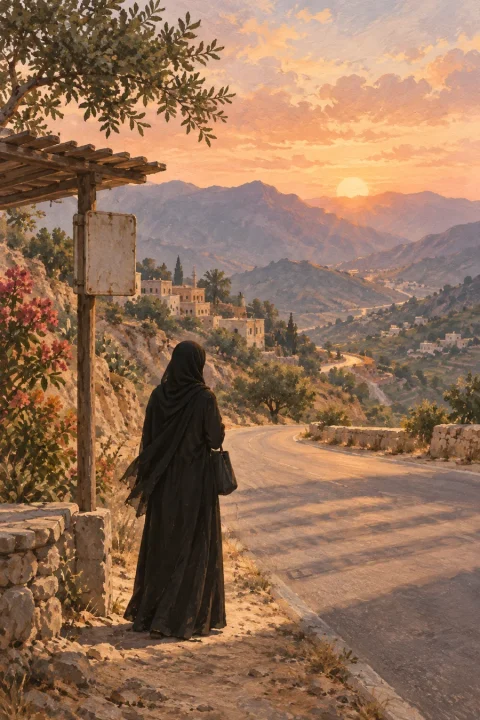 غلاف في أحضان الجنوب: طريق جبلي وقرية عند الغروب